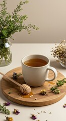 Warm Herbal Tea in Ceramic Mug with Honey Dipper on Wooden Tray – Minimal Wellness Scene