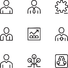 Obraz premium Business and management vector icon set outline icons,editable stroke business people,data analysis,ai integration,organization,communication,customer service,development icon set
