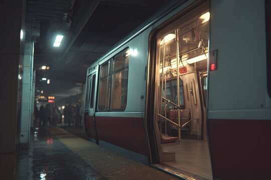 Train waits at platform while commuters prepare to board in urban subway station during early morning rush hour