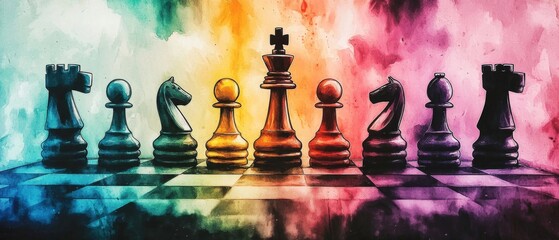 Artistic depiction of colorful chess pieces set on a game board.