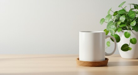 White Ceramic Mug on Wooden Table with Green Indoor Plants – Minimal Natural Lifestyle Mockup