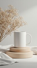 White Ceramic Mug with Baby’s Breath Flowers on Wooden Pedestal – Minimalist Soft Light Mockup