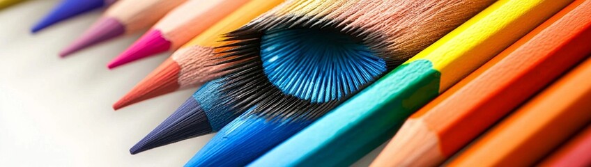 Creative arrangement of bright, multi-colored pencils in sharp focus.