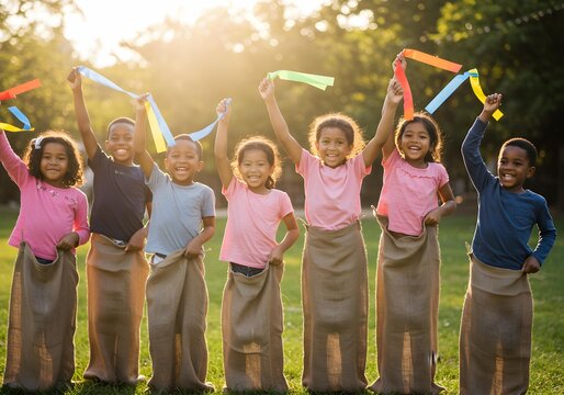 Diverse Group of Happy Children in Burlap Sacks with Ribbons in a Sunny Park