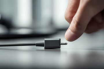 Plug being inserted into a device on a smooth surface in a modern workspace during the daytime