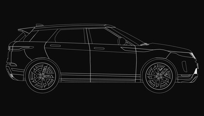 A black and white blueprint of a car contours and precise engineering details. The dark background enhances the technical drawing's clarity.