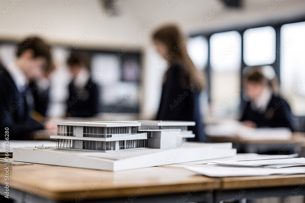 Poster students engage in architectural design project with model in classroom setting