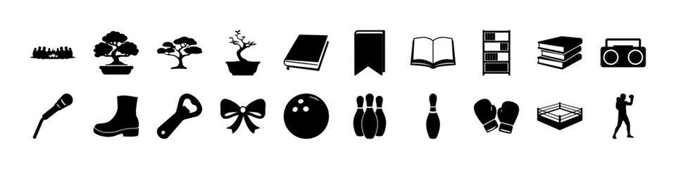 Silhouette Icon Set – Hobbies, Nature, Music, Books, Sports - A clean and minimal black silhouette icon collection representing a wide variety of hobbies, lifestyle interests, and leisure activities. 