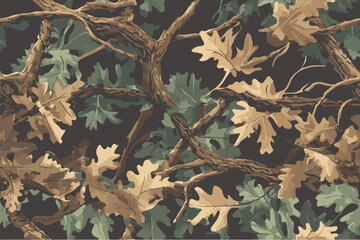 Vector illustration of a camouflage pattern with oak tree branches and leaves, a seamless texture for military design. Useable for hunting and military purposes.  © Adil Rasheed