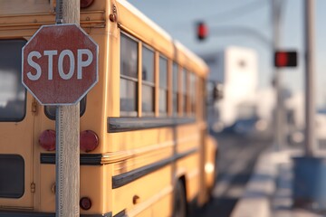 School bus stops at a traffic signal with a stop sign during the day in a residential neighborhood