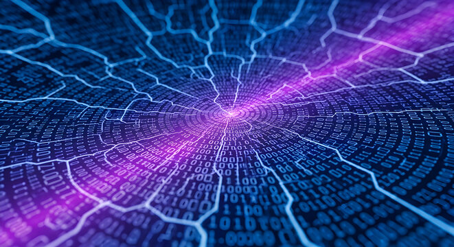 Abstract binary code background with glowing center and network of white lines overlaying it