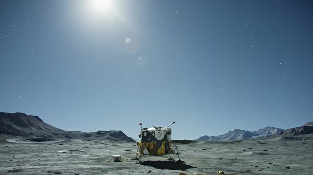 Lunar lander on a rocky, grey surface with mountains and a bright star field
