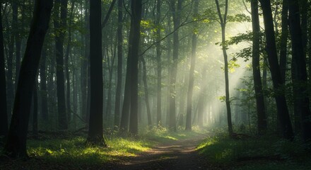 Sunlight filtering through dense forest canopy illuminating a woodland pathway