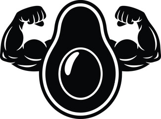 Strong avocado silhouette flexing muscular arms symbolizing healthy eating and fitness lifestyle silhouette