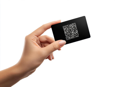 Hand Holds Black Card with QR Code Against White Backdrop