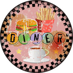 retro american diner sign with hamburgers,french fries and coffee cup, fast food vintage sign concept, worn and weathered, vector eps illustration