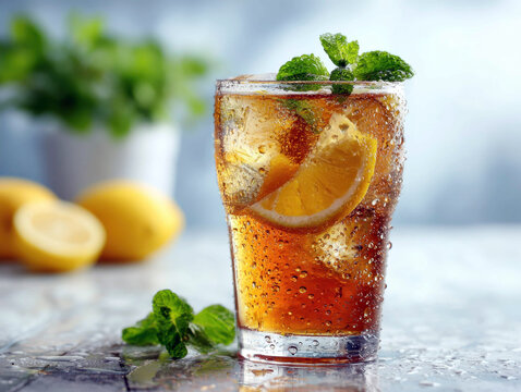 Refreshing iced tea drink with lemon and mint garnish on a cool wet surface