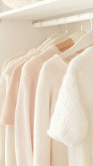 Neutral clothes hanging on a rail in a bright, organized closet, background