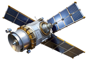 A detailed 3d rendering of a modern satellite with extended solar panels and communication antennas is shown floating in the vast expanse of