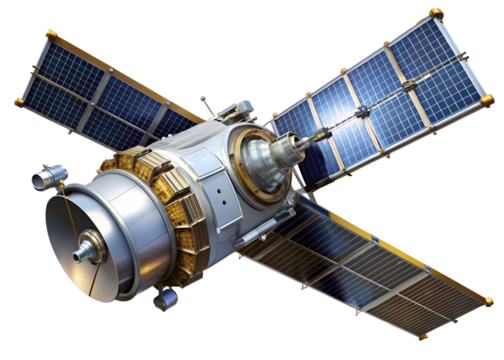A detailed 3d rendering of a modern satellite with extended solar panels and communication antennas is shown floating in the vast expanse of