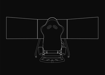 A black and white racing seat drawing stands out with crisp white contours against a dark background. The minimalist design suits gaming and simulator themes. The stark contrast enhances the sleek.
