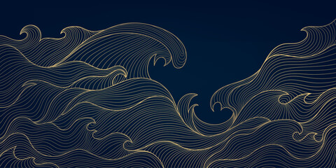 Vector line water wavy pattern , golden line on black japanese style ocean ornament. Luxury abstract flow background, modern curve elegant asian design