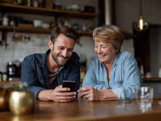 Mature Woman and Young Man Laughing While Using a Mobile Phone Together