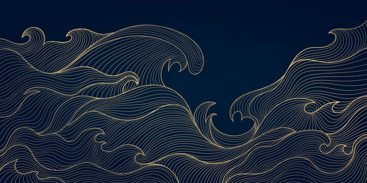 Vector line water wavy pattern , golden line on black japanese style ocean ornament. Luxury abstract flow background, modern curve elegant asian design