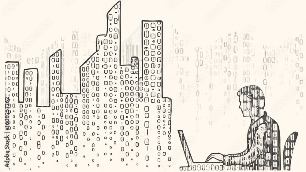 Poster illustration showing a person working on a laptop with a city skyline and binary code overlaying it 