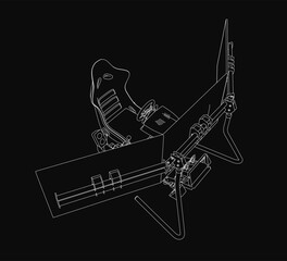 Black and white drawing of an F1 racing simulator seat with a steering wheel, set against a dark background. The contour design enhances the realistic driving experience for gaming enthusiasts.