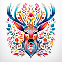 Colorful ornate hand-drawn illustration of deer with floral motifs