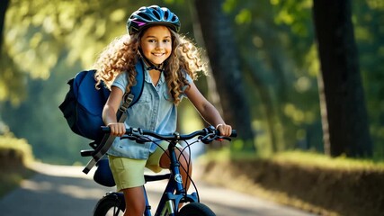 Cute Girl with Helmet Riding Bike Through Woods - Powered by Adobe