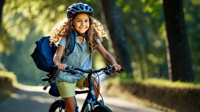 Cute Girl with Helmet Riding Bike Through Woods