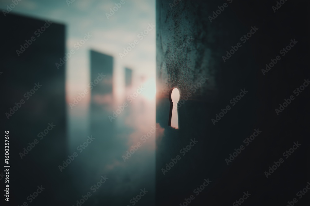 Poster mysterious keyhole illuminated by soft light with blurred figures surrounding it in a surreal settin