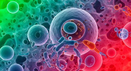 Microscopic view of cells and bacteria with vibrant color gradients and detailed structures seen