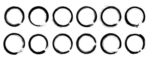 Grunge round and circle stamp frame set with rough ink borders, hand drawn rubber stamp style, empty shapes for graphic design template or poster layout