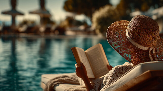 Tourist relaxing and reading a book by the pool during luxury vacation