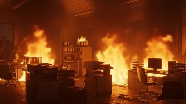 Office Fire Disaster - A devastating office fire engulfs desks, computers, and filing cabinets, causing significant damage and destruction.