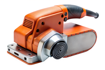 A closeup view of an orange electric belt sander showcasing its sanding mechanism and durable construction on a transparent background