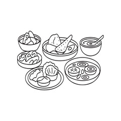 A Delicious Line Art Depiction of Varied International Cuisine Awaiting Culinary Exploration and Artistic Coloring