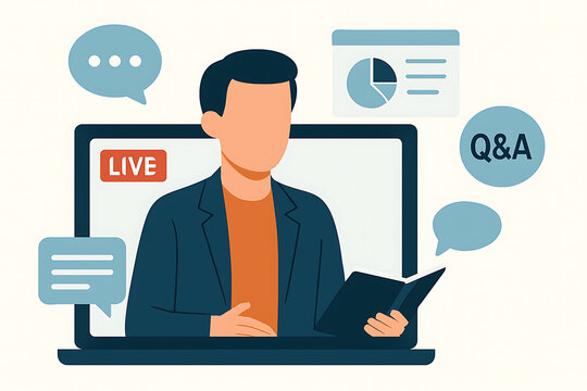 Man giving online presentation with live stream and Q&A session