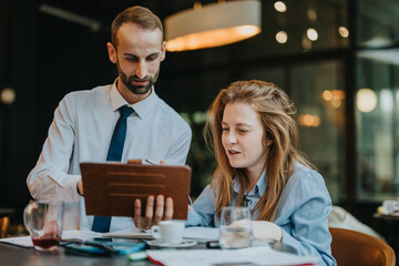 Corporate professionals collaborating on a project, utilizing a digital tablet for effective...