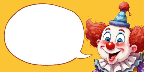 Obraz premium Cartoon clown smiling with empty speech bubble on yellow background 