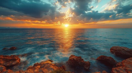 Dramatic sunset over the ocean, rocks in foreground