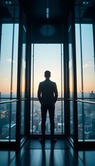 Fototapeta premium Businessman looking at city skyline success motivation leadership high rise building view