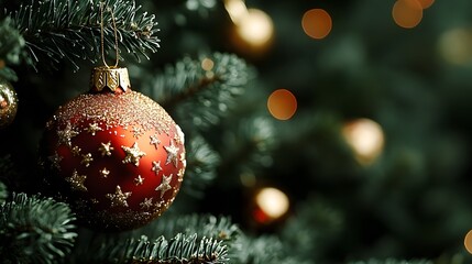 A festive red and gold Christmas ornament with star patterns hanging on a lush evergreen branch