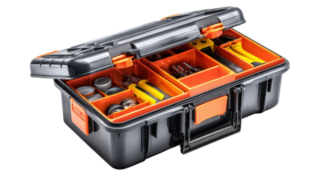 Compact toolbox with multiple tool compartments background isolated on a Transparent background, PNG file.