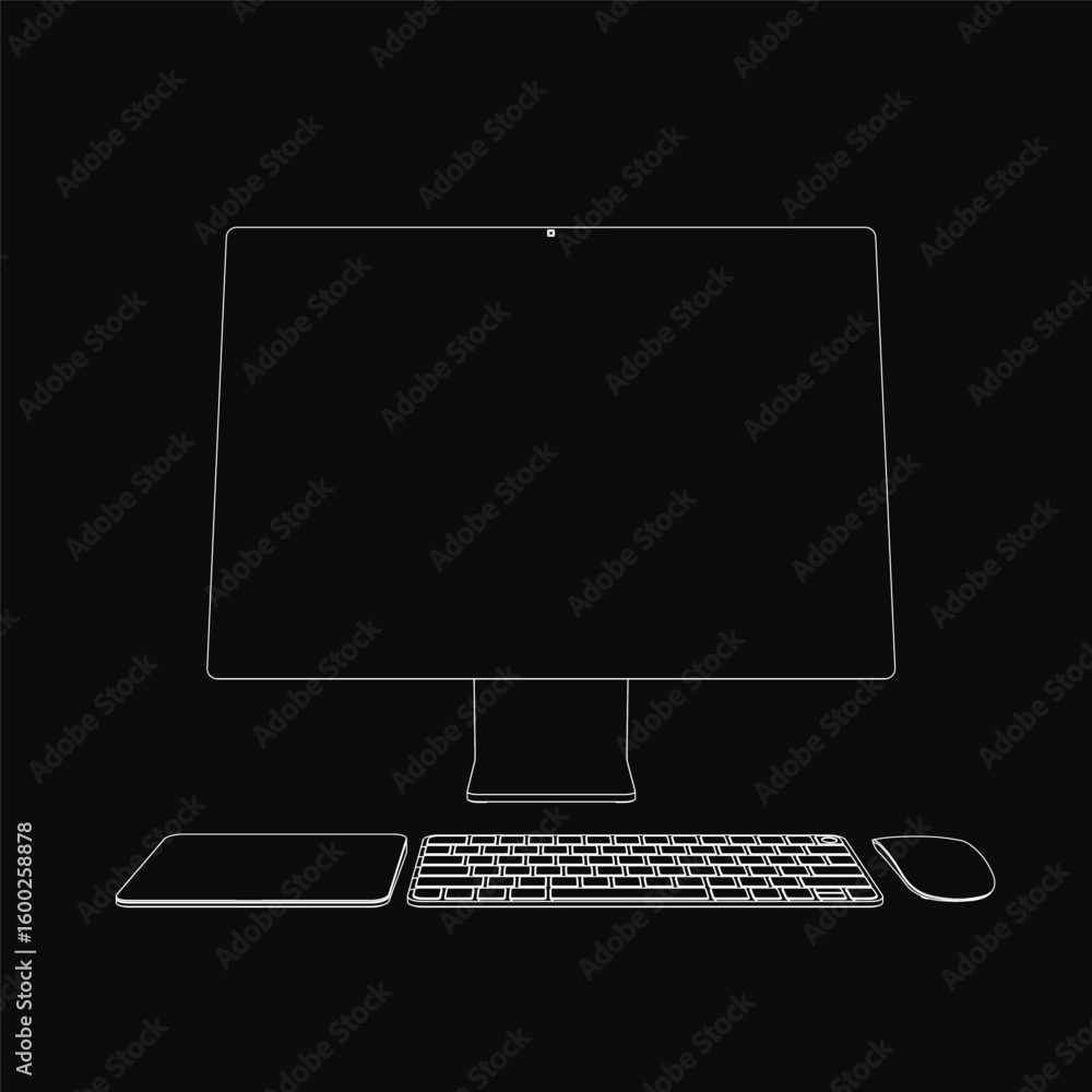 Poster a sleek monoblock computer monitor with a keyboard and wireless mouse on a black background. the mod