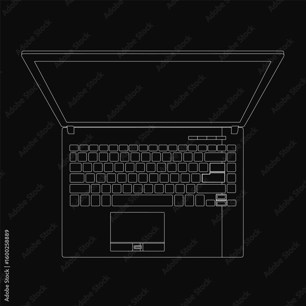 Fototapete Black and white line drawing of a laptop computer with clean contour lines on a dark background. Minimalist design with sharp edges and no shading. Perfect for tech-related projects, presentations.