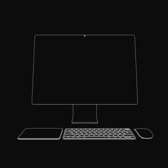 Fototapeta premium A sleek monoblock computer monitor with a keyboard and wireless mouse on a black background. The modern design features clean contours and a numeric keypad.